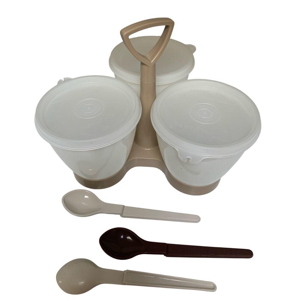 Vintage Tupperware Condiment Caddy Server w/Lids & 3 Spoons That Rest On Bowl